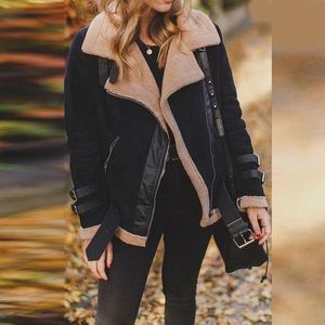 Faux Fur Collar Lapel Zipper Plain Coat - NWOT